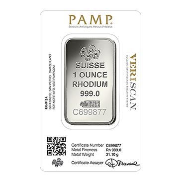 1 oz PAMP Suisse Lady Fortuna Rhodium Bar .999 (Veriscan), image 0