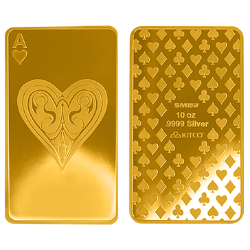 Buy 10 oz Silver Ace of Hearts Bar (.9999) 24K Gold Plated, image 0