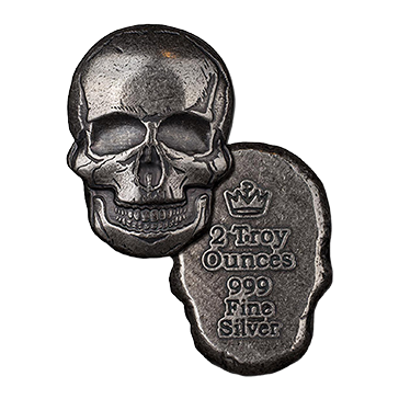 Buy 2 oz Silver Antique Finish Skull Bar, image 1
